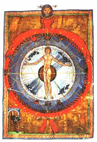 Hildegard von Bingen - Der kosmische Mensch  (Die braune Kugel im Hintergrund ist die Erde)